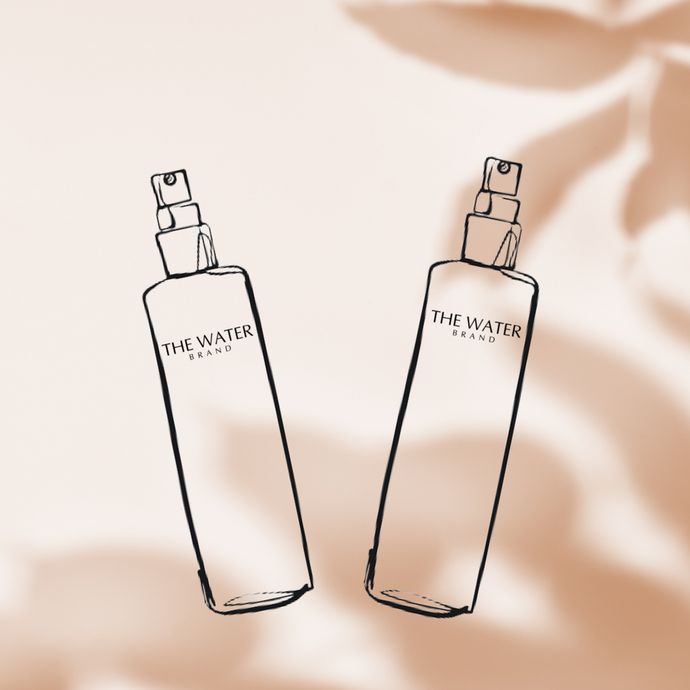 Sketchy pictogram of two perfumes moving from one side to the other one. Alcohol-free perfumes to shake and spray 